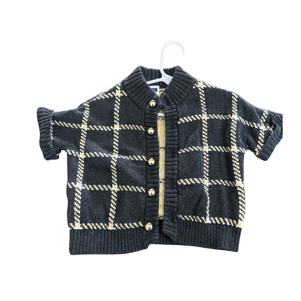 Janie and Jack Boys Plaid Short Sleeve Cardigan Sweater Gray Yellow Gold Buttons